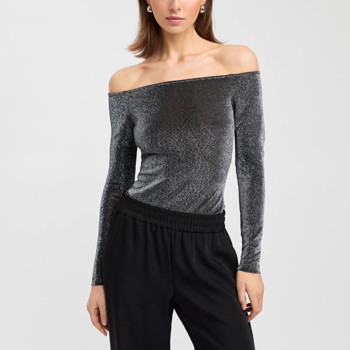 Long Sleeve Off The Shoulder Sparkly Top Glitter Asym Long Sleeve