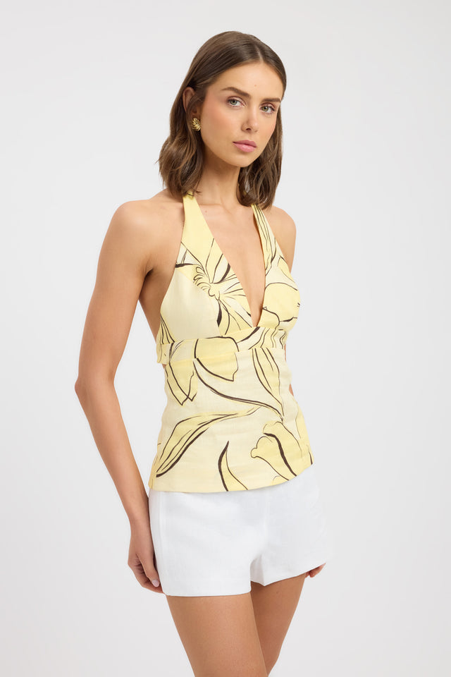 side Bloom Tie Back Top Kookai Fitted Plungeneck Sleeveless Womens-Blouse 