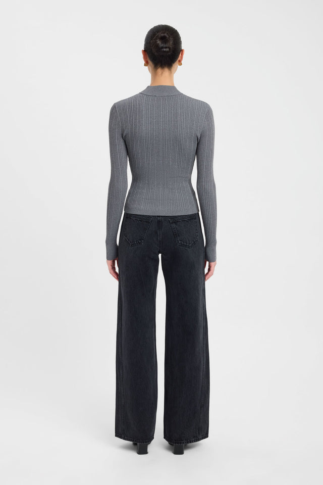 Designed with the Bristol Zip Top womens blouse in dark grey, featuring fitted silhouette, high-neck, and full straight sleeves back