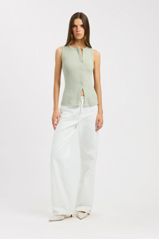 side Bec Button Tank Kookai Fitted Roundneck Sleeveless Womens-Blouse 