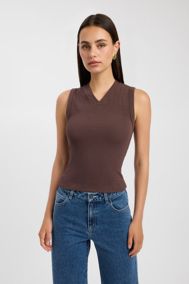front Darcy Vee Tank Kookai Fitted V-neck womens-singlets 