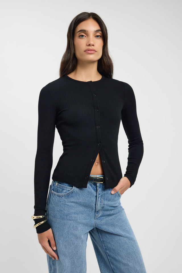 front Atlas Snap Long Sleeve Top Kookai Fitted Roundneck Long sleeve Womens-Blouse 