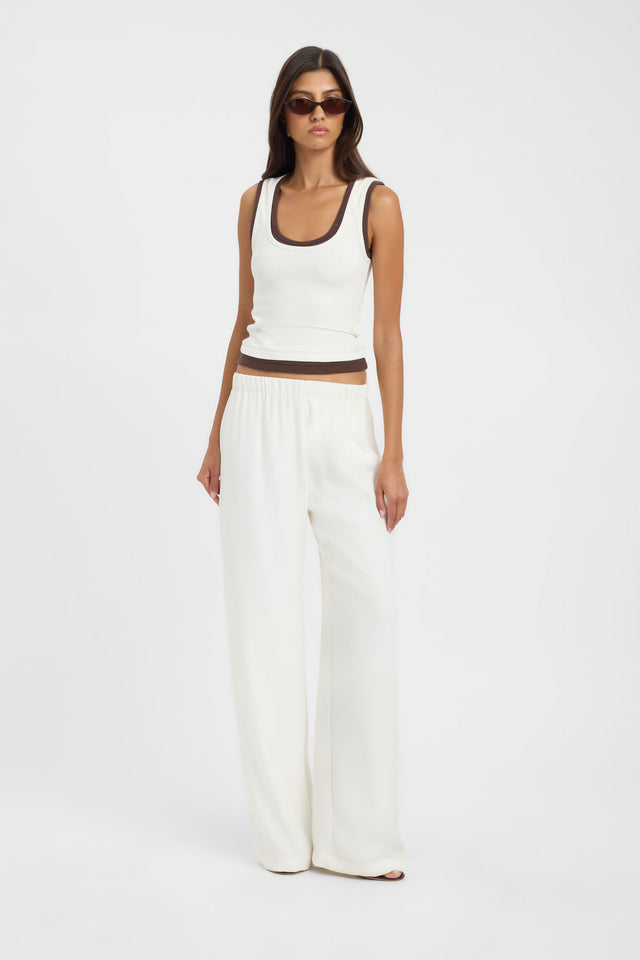 Showcasing the Cindy Contrast Tank womens-blouse with ivory and chocolate fitted scoop neckline sleeveless front