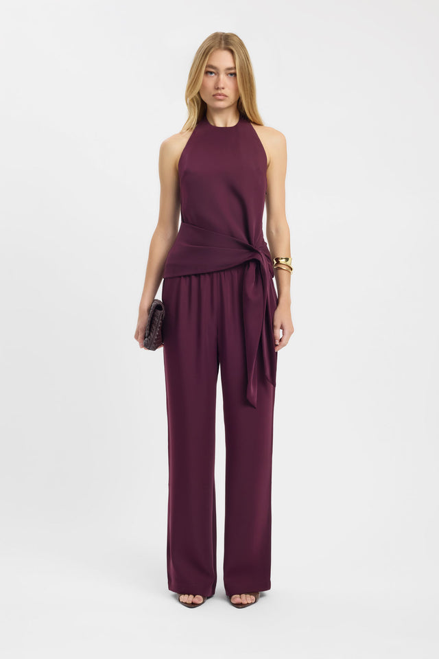 Introducing the Maria Halter Wrap Top womens-blouse in maroon with fitted high-neck sleeveless design front