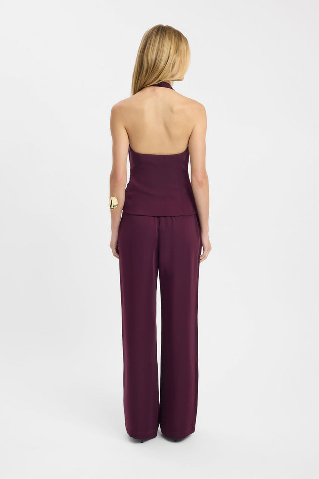 Featuring the Maria Halter Wrap Top womens-blouse in maroon with fitted high-neck sleeveless design back
