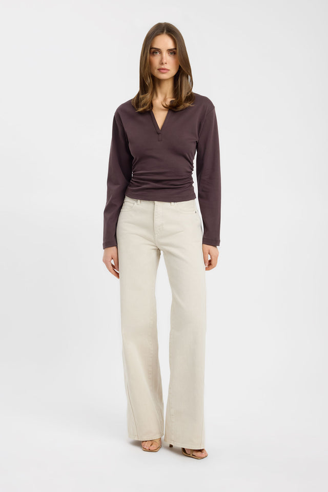 Introducing the Vesper Long Sleeve Top womens-blouse in saddlebrown with fitted v-neck full sleeves front