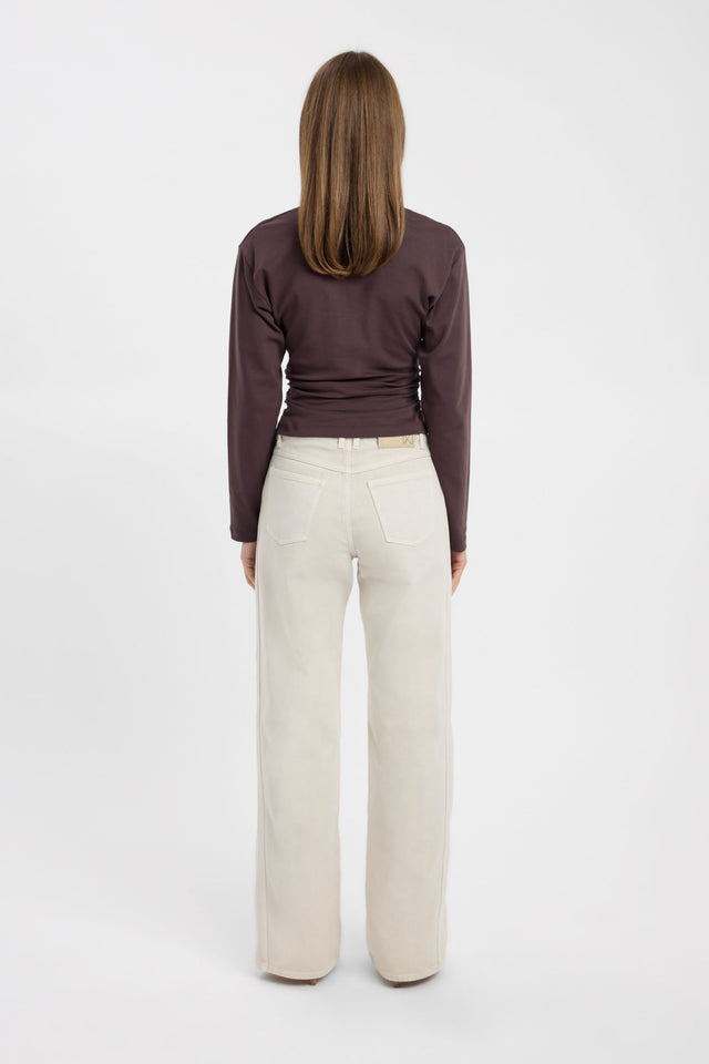 Showcasing the Vesper Long Sleeve Top womens-blouse in saddlebrown with fitted v-neck full sleeves back