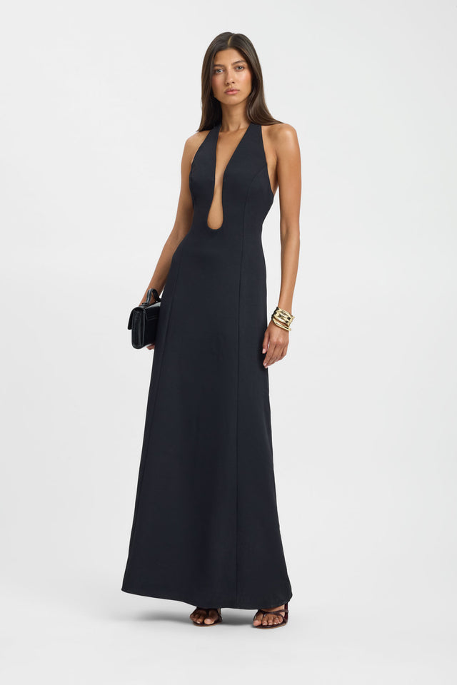 Presenting the Oyster Low Cut Maxi Dress in womens-dresses with straight shape, fitted silhouette, and plunge neckline in black on-body