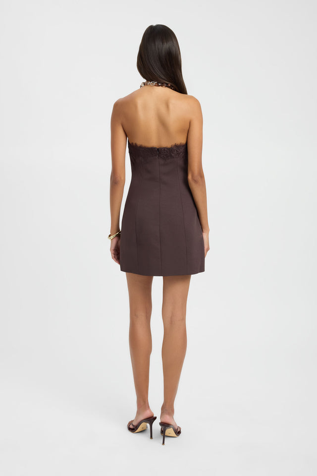 Crafted with the Ariel Strapless Lace Mini Dress in womens-dresses featuring bodycon fit and straight neckline in saddle brown back