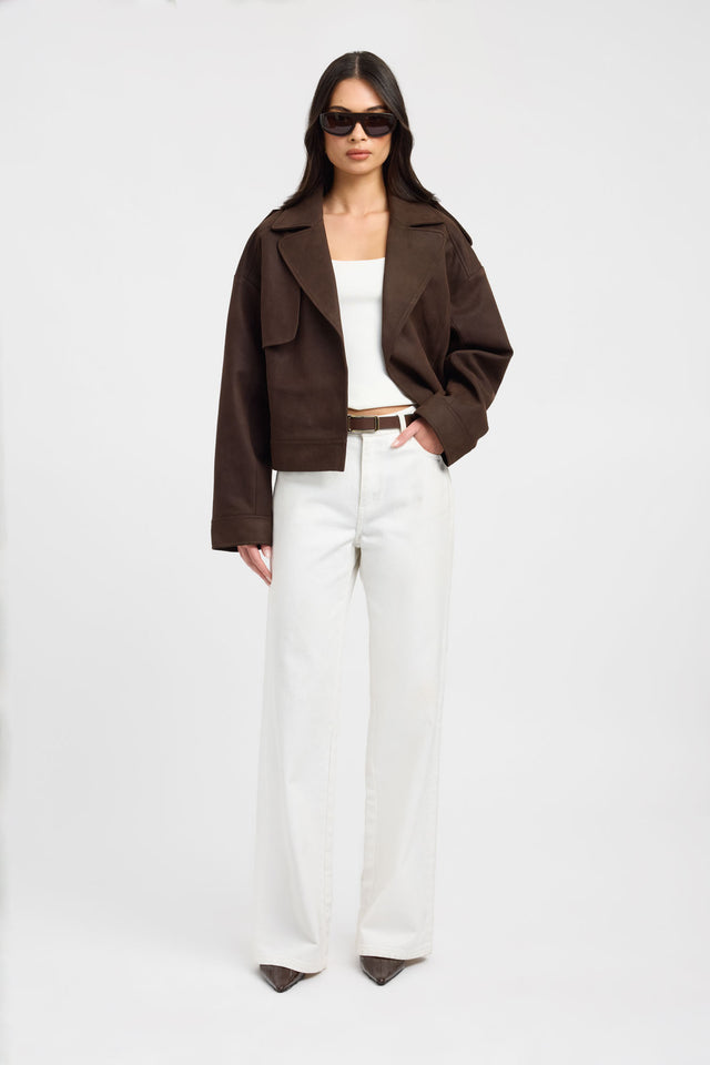 Presenting the Dylan Suede Jacket in womens coats and jackets with full sleeves, biker style, short length, in chocolate side