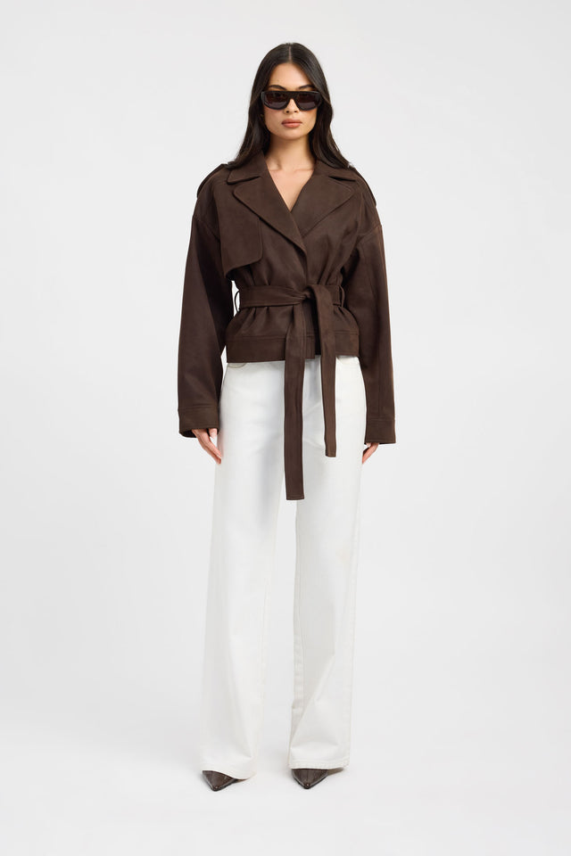 Featuring the Dylan Suede Jacket in womens coats and jackets with full sleeves, biker style, short length, in chocolate on-body