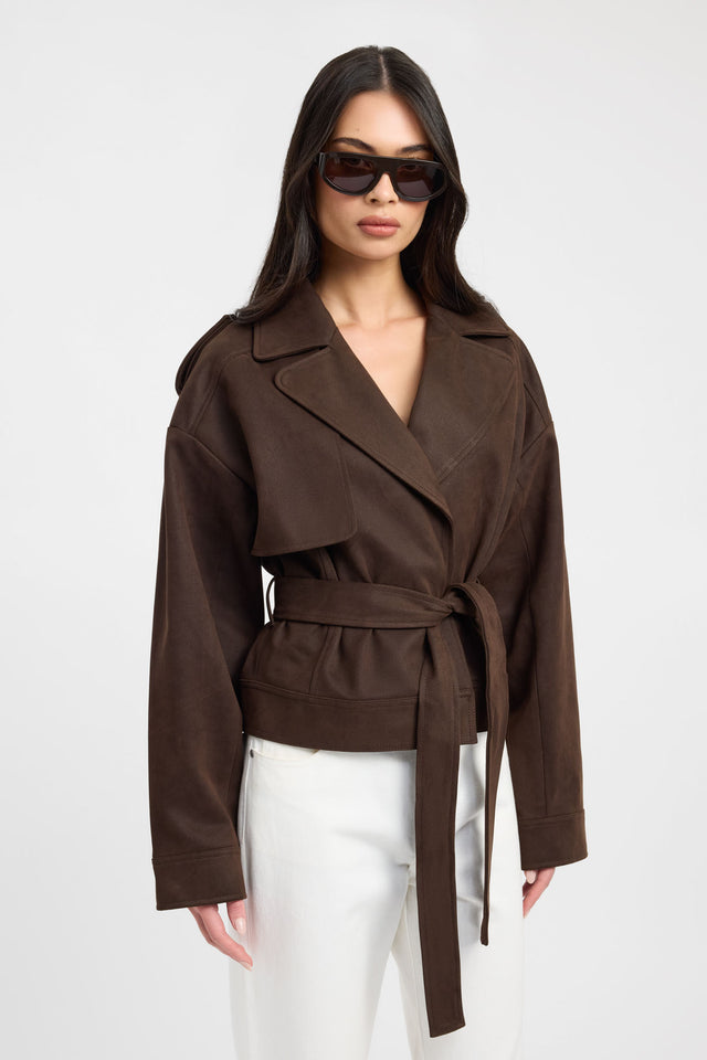 Showcasing the Dylan Suede Jacket in womens coats and jackets with full sleeves, biker style, short length, in chocolate front
