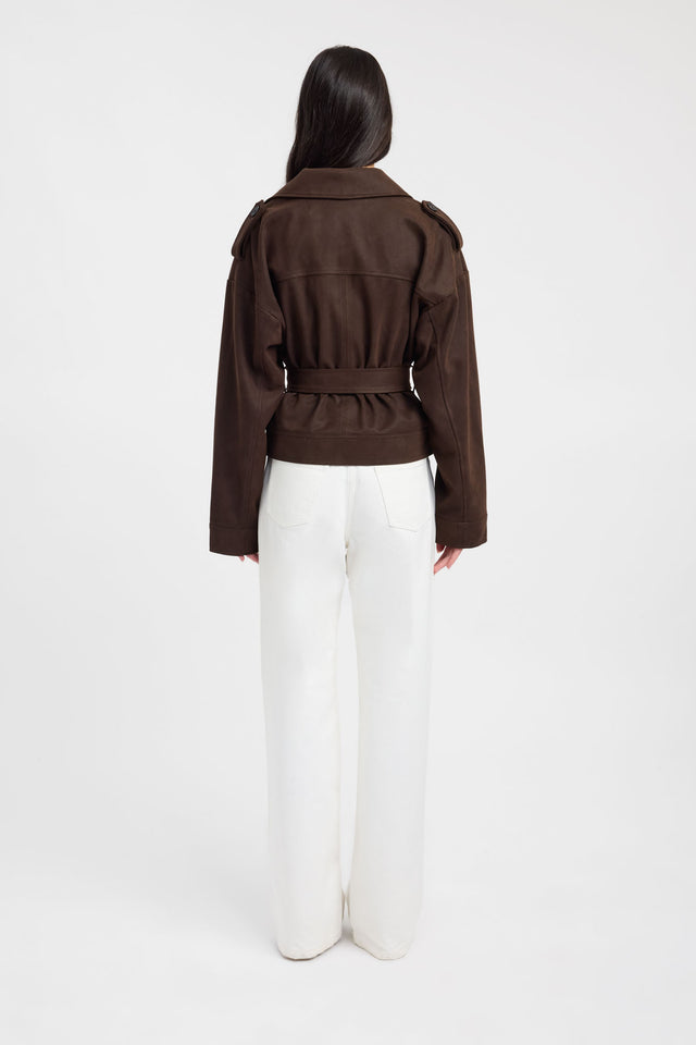 Designed with the Dylan Suede Jacket in womens coats and jackets featuring full sleeves, biker style, short length, in chocolate back