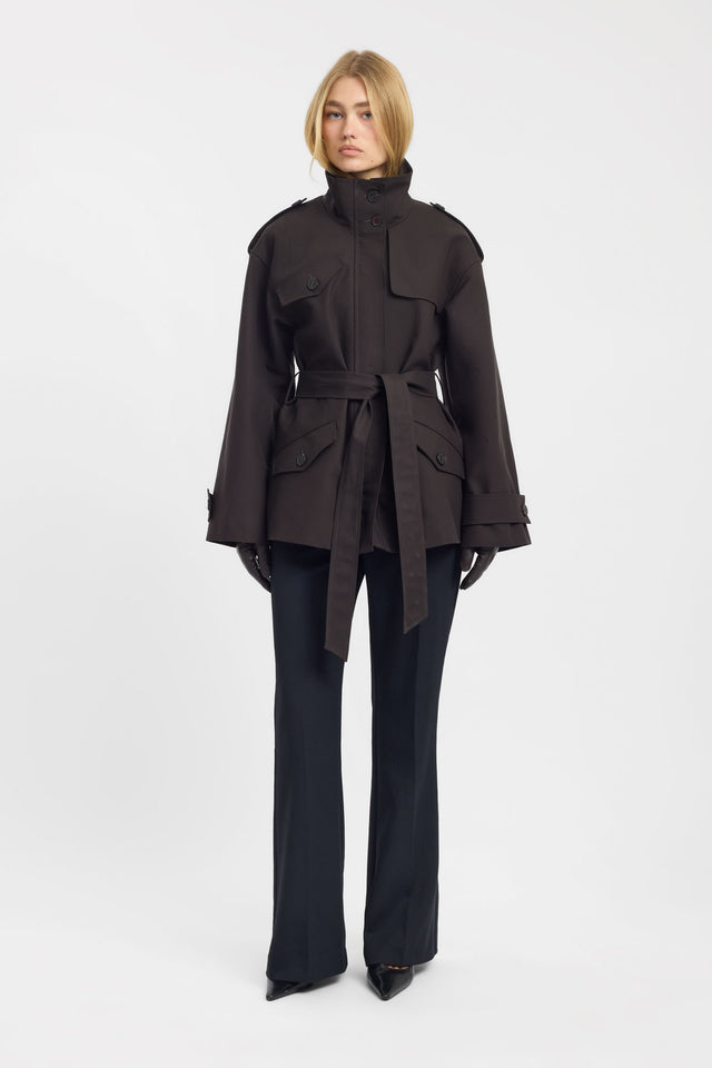 Showcasing the Leon Belted Trench womens coats and jackets with full sleeves in dark grey front