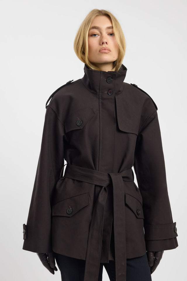 Featuring the Leon Belted Trench womens coats and jackets with full sleeves in dark grey detail