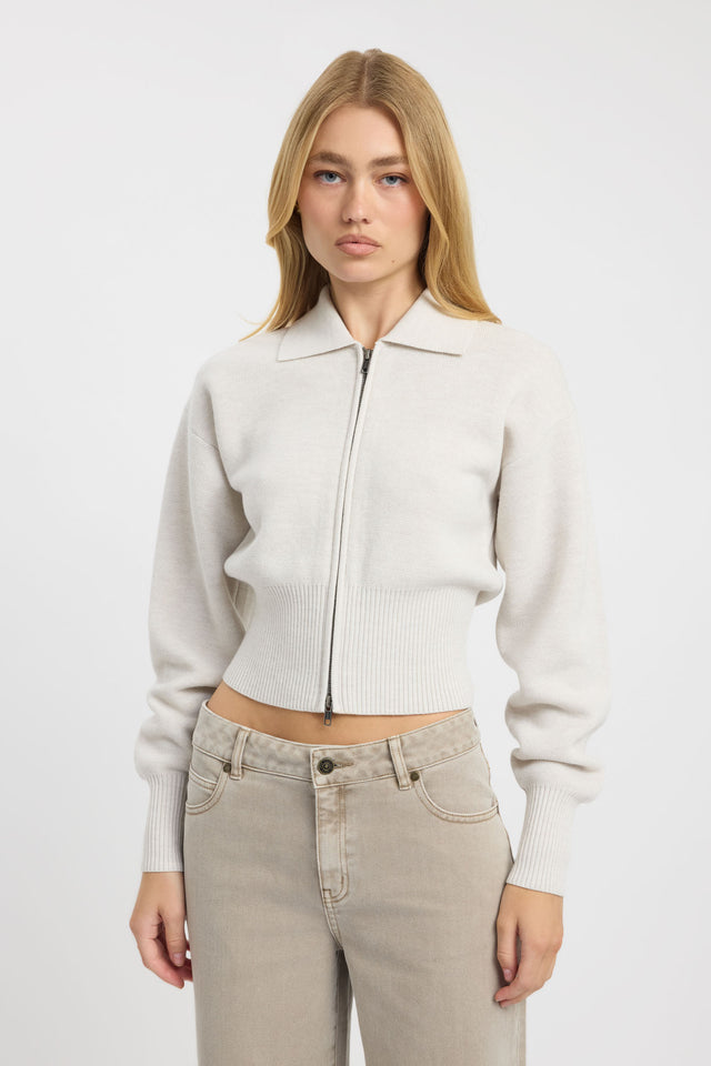 Presenting the Dalton Collared Cardigan womens-blouse in beige featuring fitted cut with full sleeves front