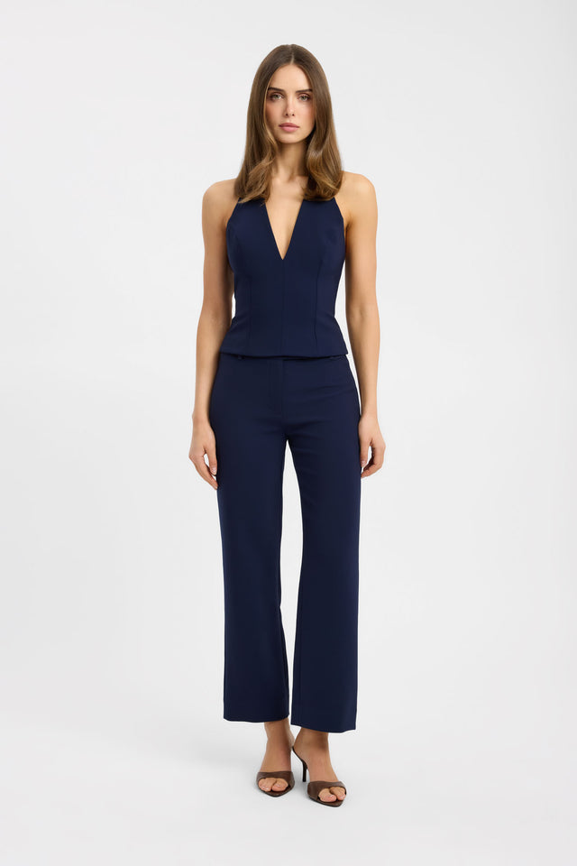 Showcasing the Alto Staple Pant in womens regular pants with wide-leg high-rise navy on-body
