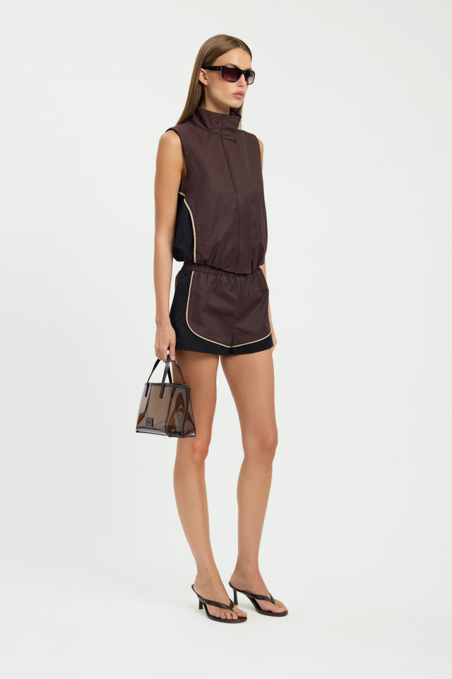 Showcasing the Spencer Sport Vest in womens coats and jackets, sleeveless waistcoat with short length in chocolate side