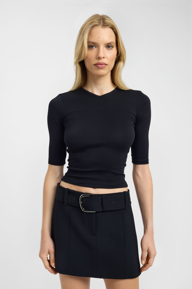 Displaying the Jac Vee Top womens blouse in black with fitted v-neck and half sleeves detail