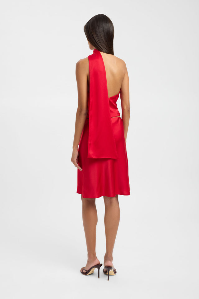 Displaying the Palermo Scarf Top womens-blouse in red with fitted plunge neckline and sleeveless construction back