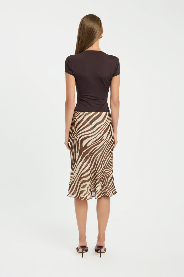 Featuring the Giulia Midi Skirt in womens-skirts styled with straight hem and animal-zebra print in tan chocolate wheat product