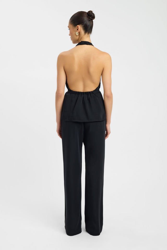 Crafted with the Maria Low Back Top womens blouse in black with halter neckline, v-neck, fitted silhouette and sleeveless design back