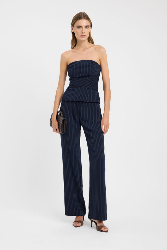 Showcasing the Oslo D Ring Pant in womens regular pants featuring wide-leg high-rise design with striped pattern in navy and white front