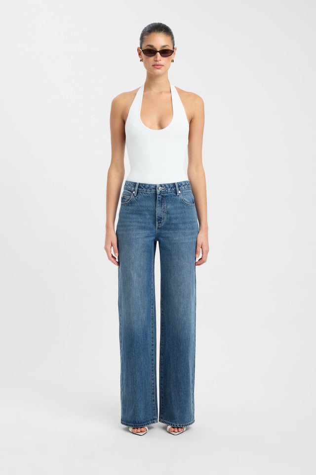 Showcasing the Mateo Wide Leg Jean in womens regular pants with high-rise styling and steel blue colour front