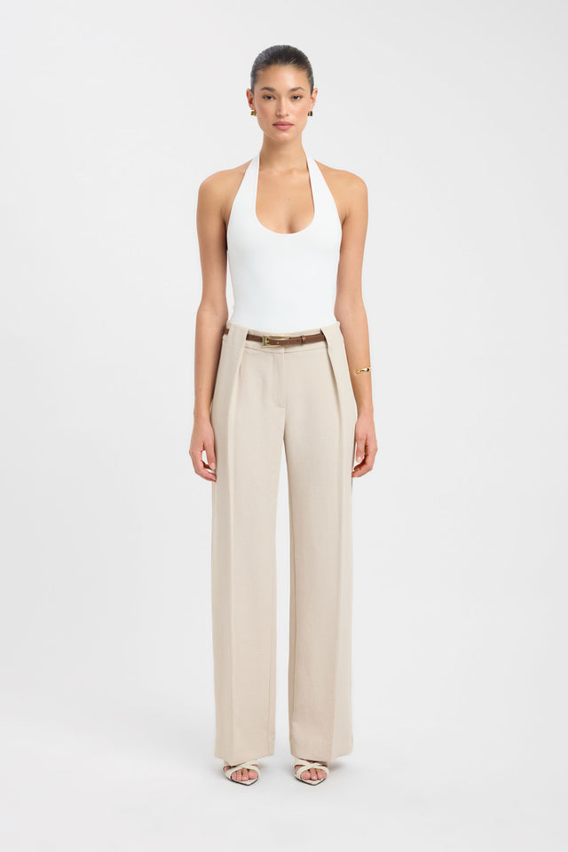 Crafted from beige Oyster Belt Loop Pant womens regular pants with wide-leg high-rise on-body