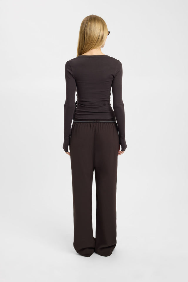 Featuring the Wren Wrap Top womens-blouse with fitted v-neck in saddlebrown and full straight sleeves back