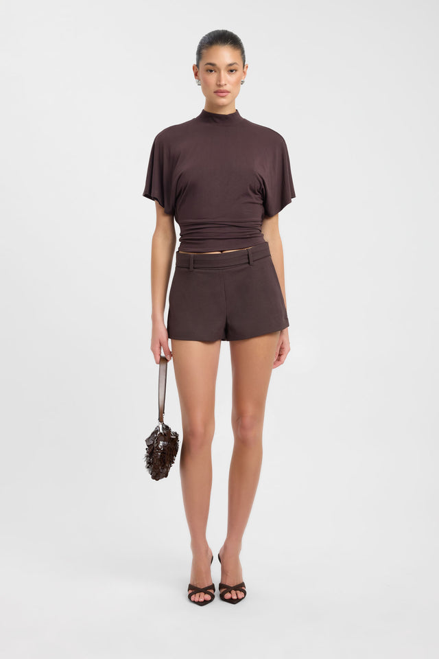 Introducing the Harley Top womens blouse in saddlebrown with relaxed fit, high-neck and short sleeves front