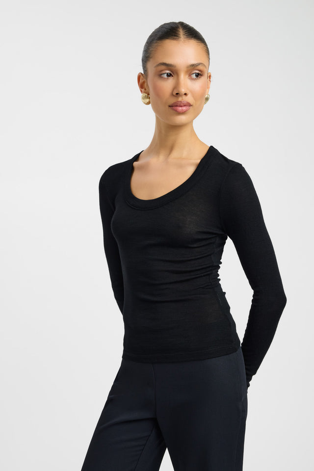 front Silas Wool Top Kookai Fitted Scoopneck Long sleeve Womens-Blouse 