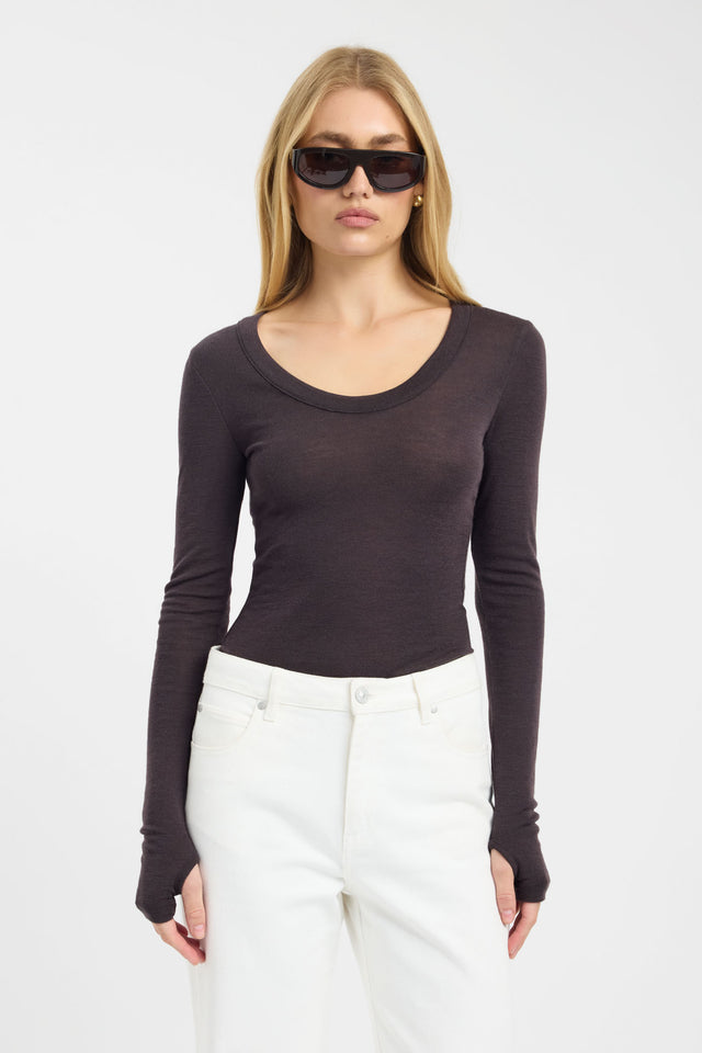 front Silas Wool Top Kookai Fitted Scoopneck Long sleeve Womens-Blouse 