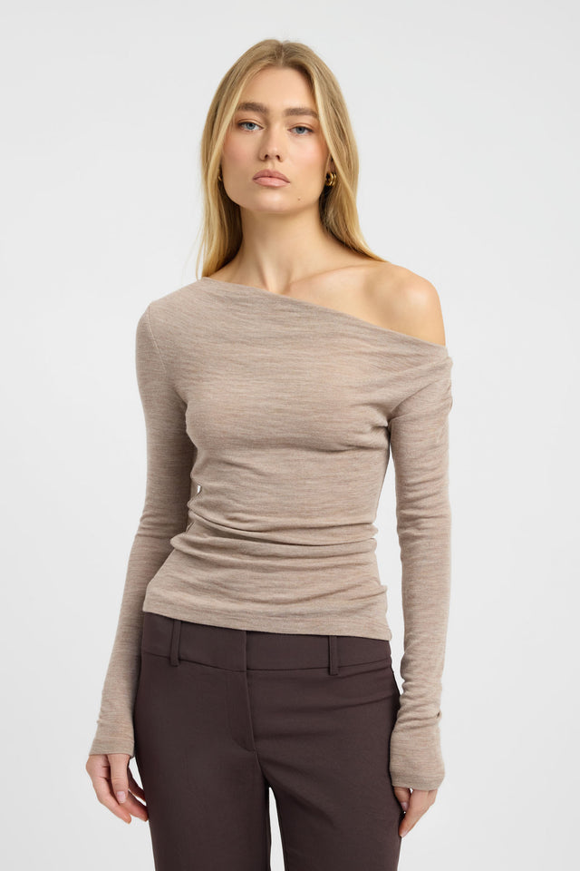 Featuring the Whistler Wool Top womens blouse in tan with fitted design, asymmetric neckline and full straight sleeves front