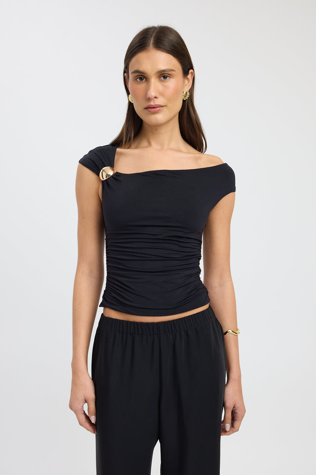 front Mara Top Kookai Fitted Asymmetry Sleeveless Womens-Blouse 