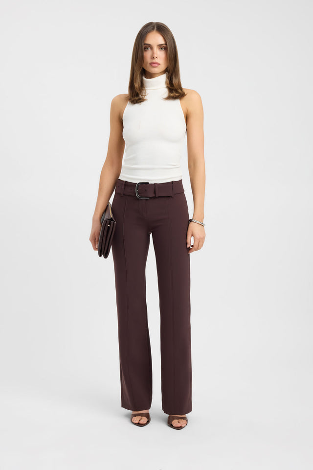 Showcasing the Alto Buckle Pant in womens regular pants with wide-leg high-rise design and saddle brown colour on-body