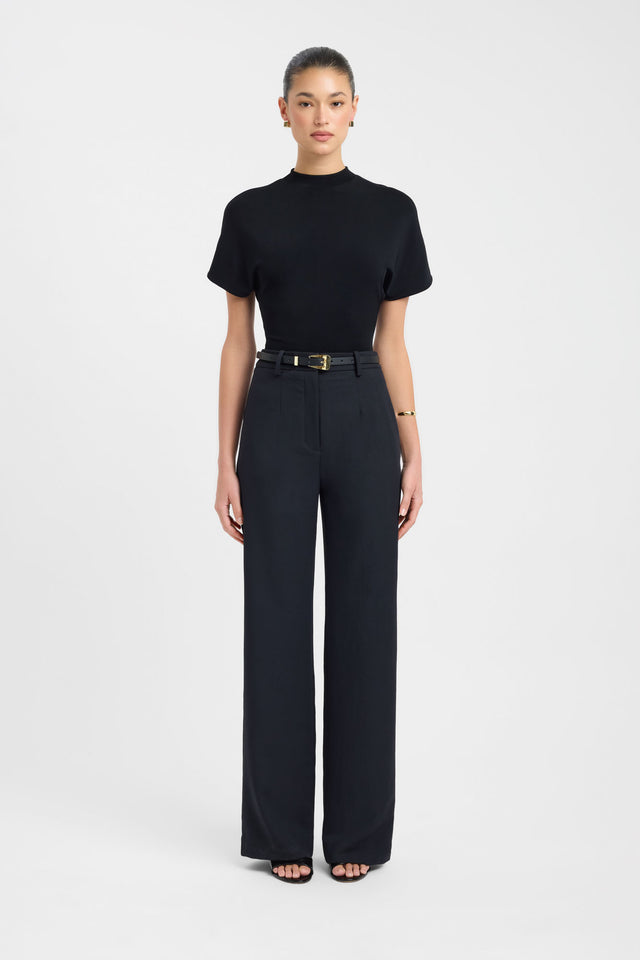 Showcasing the Ariel Straight Leg Pant in womens regular pants with wide-leg high-rise black front