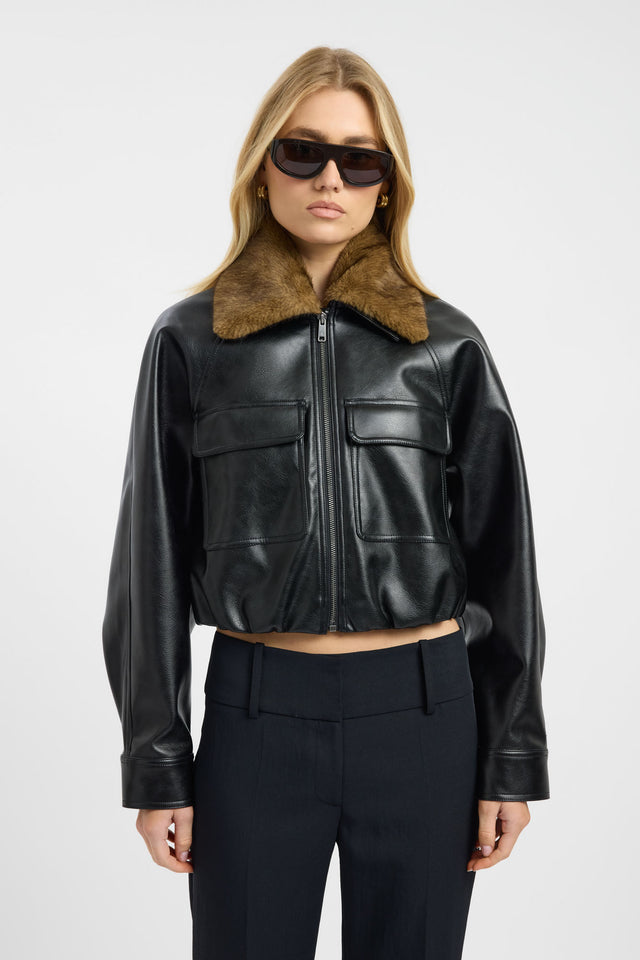 Featuring the Heavy Phoenix Fur Jacket in women's coats and jackets with full sleeves, aviator style, short length, and black color front