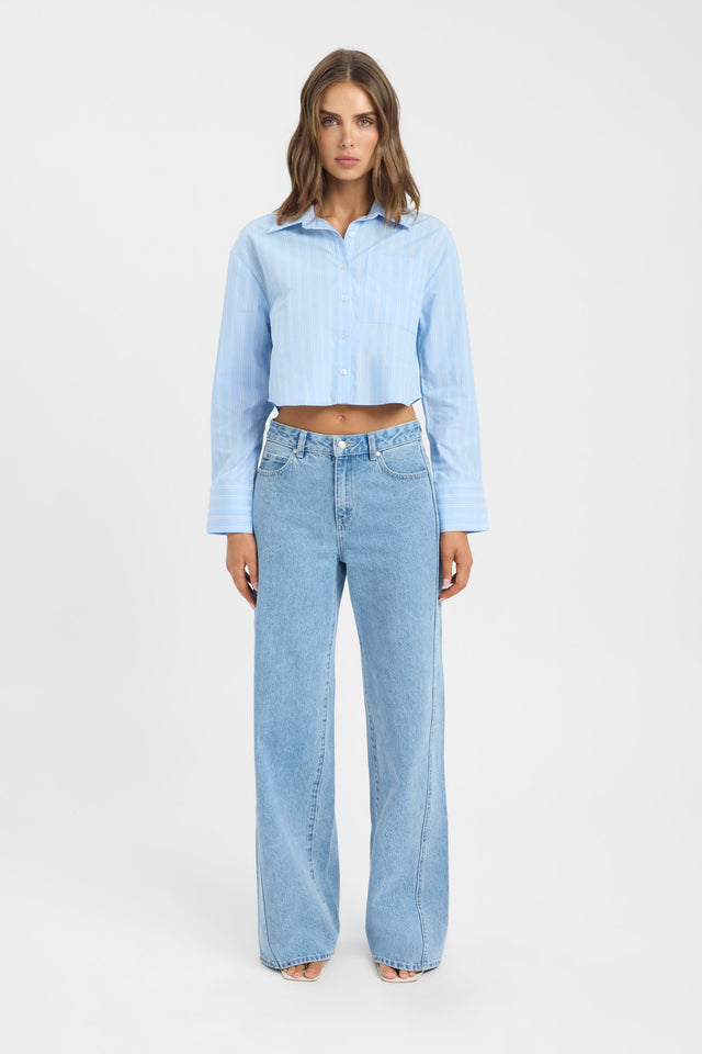 side Freddy Stripe Boxy Shirt Kookai Relaxed V-neck Long sleeve Womens-Blouse 