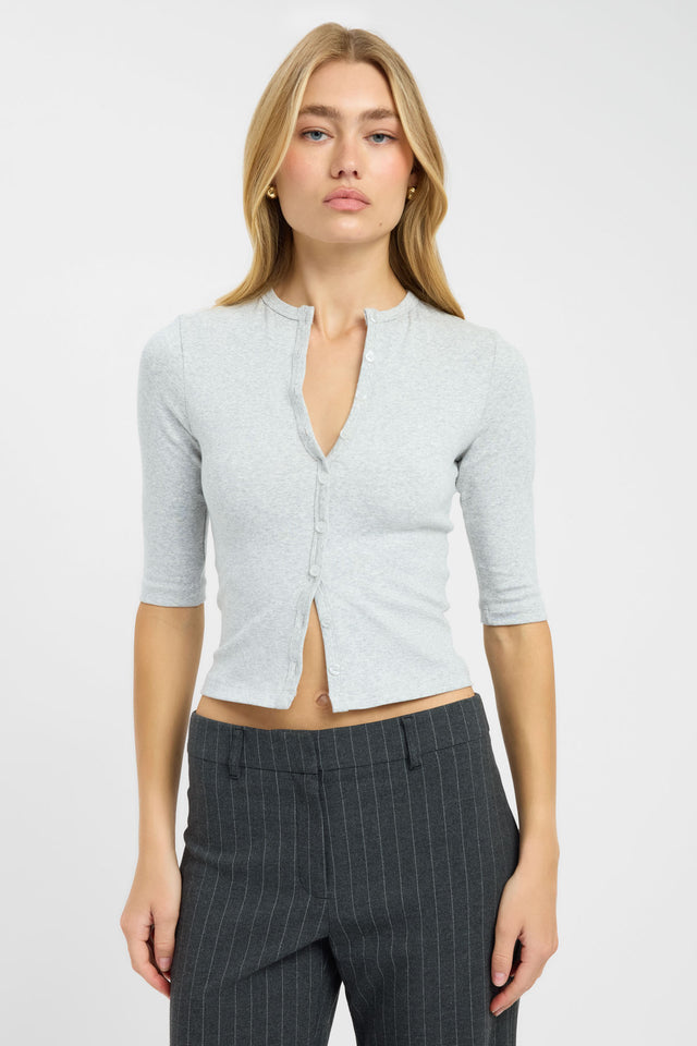 Featuring the Nat Button Top womens-blouse in light grey with fitted v-neck and half sleeves detail