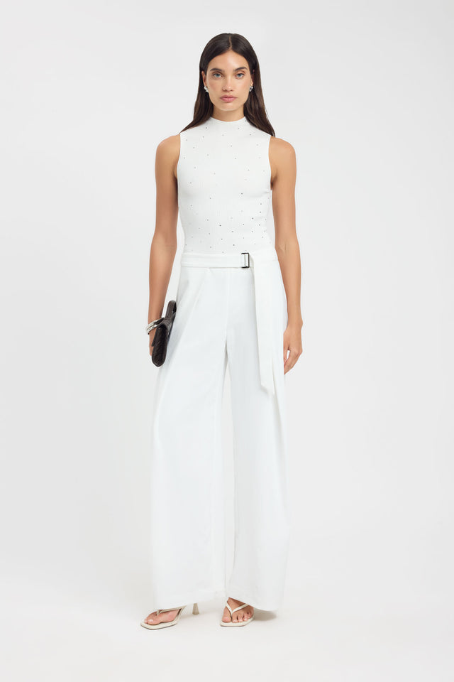 Discover the Riviera Tank womens-blouse in white with fitted silhouette high-neck and sleeveless design front