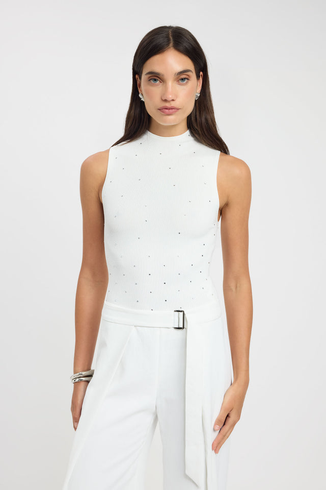 Featuring the Riviera Tank womens-blouse in white with fitted high-neck sleeveless style on-body