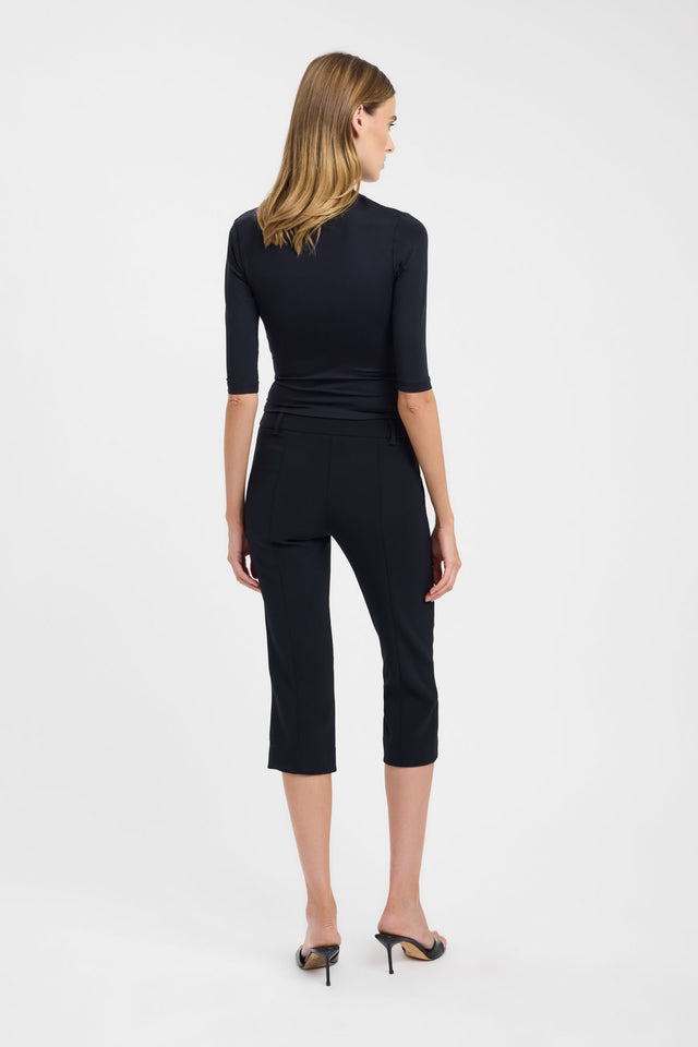 Designed with the Riley Lace Top womens-blouse in black fitted silhouette and three-fourth sleeves back