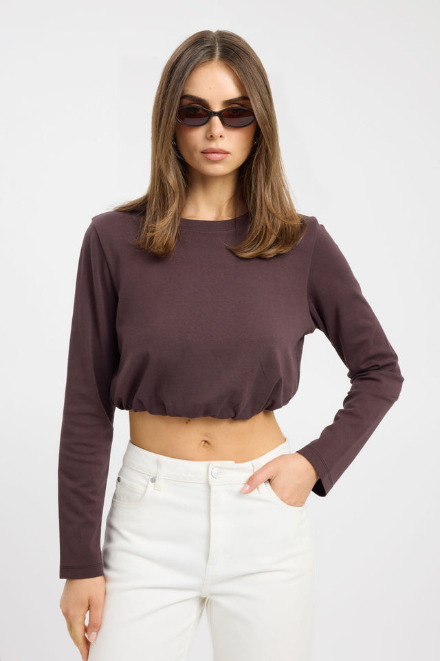 Shop the Dusk Long Sleeve Top womens blouse in rosy brown with relaxed fit and round neckline detail